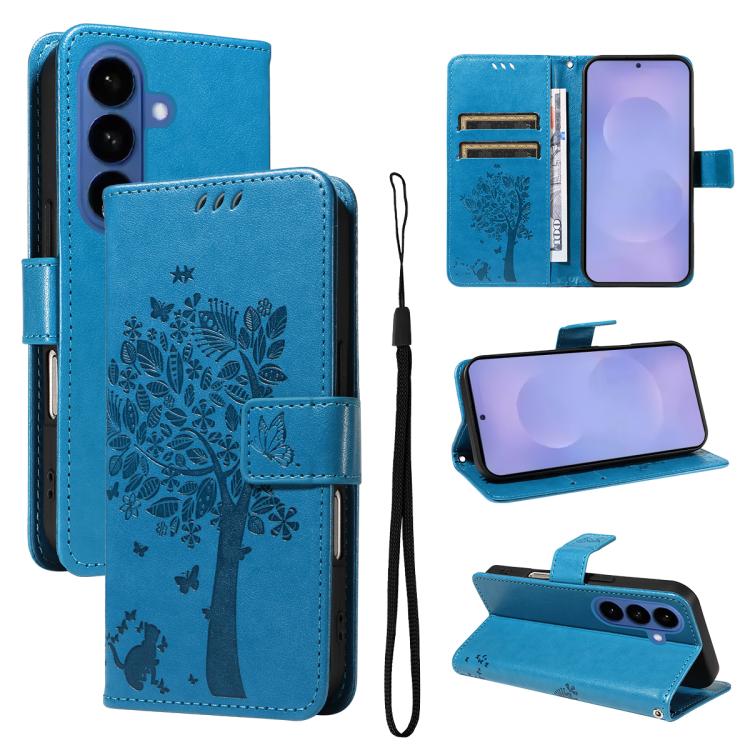 

For Samsung Galaxy S26 Pro 5G Tree & Cat Embossed Pattern Flip Leather Phone Case(Blue)
