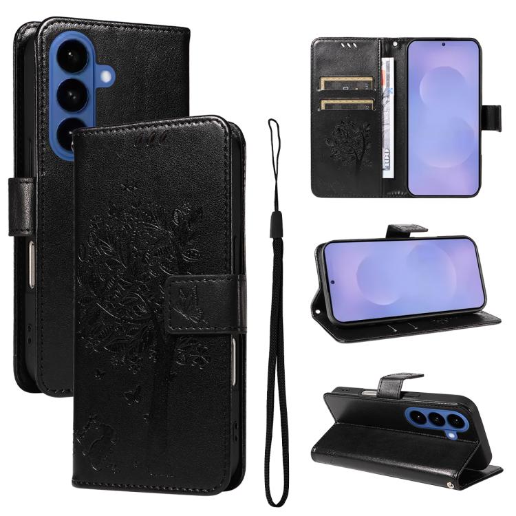 

For Samsung Galaxy S26 Pro 5G Tree & Cat Embossed Pattern Flip Leather Phone Case(Black)