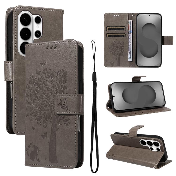 

For Samsung Galaxy S26 Ultra 5G Tree & Cat Embossed Pattern Flip Leather Phone Case(Grey)