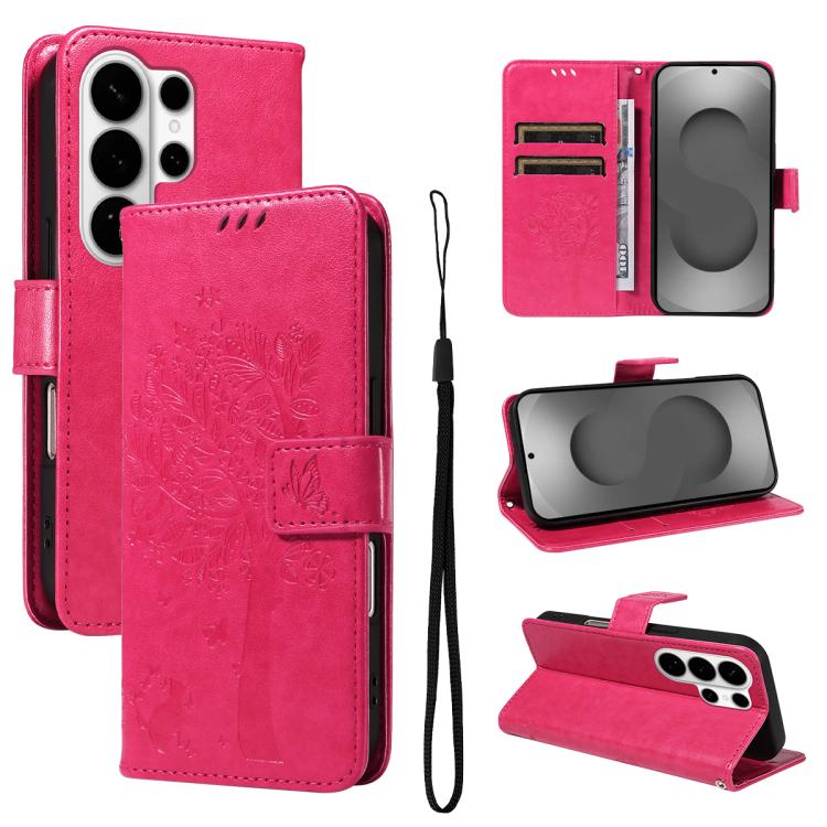 

For Samsung Galaxy S26 Ultra 5G Tree & Cat Embossed Pattern Flip Leather Phone Case(Rose Red)