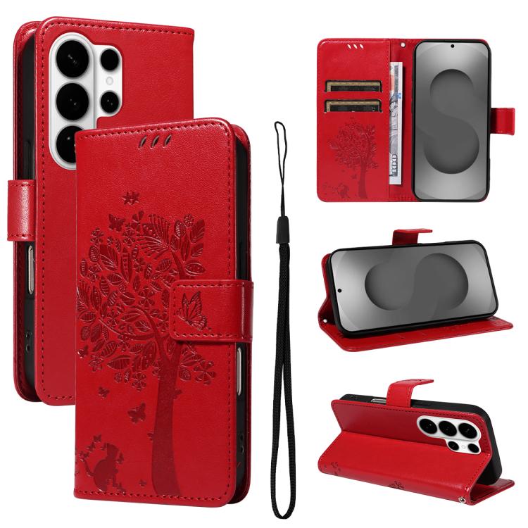

For Samsung Galaxy S26 Ultra 5G Tree & Cat Embossed Pattern Flip Leather Phone Case(Red)