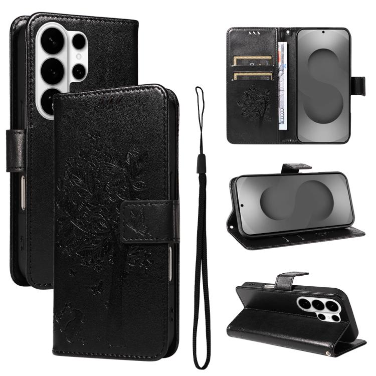 

For Samsung Galaxy S26 Ultra 5G Tree & Cat Embossed Pattern Flip Leather Phone Case(Black)