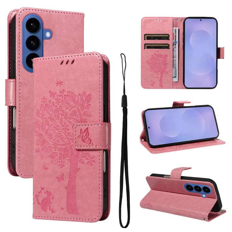 

For Samsung Galaxy S26+ 5G Tree & Cat Embossed Pattern Flip Leather Phone Case(Pink)