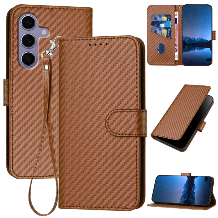 

For Samsung Galaxy S25 5G YX0070 Carbon Fiber Buckle Leather Phone Case with Lanyard(Coffee)