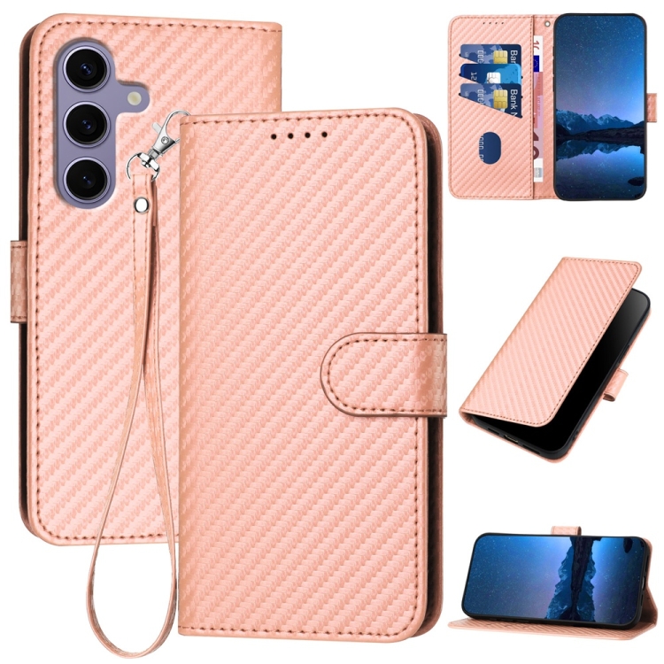 

For Samsung Galaxy S25 5G YX0070 Carbon Fiber Buckle Leather Phone Case with Lanyard(Pink)