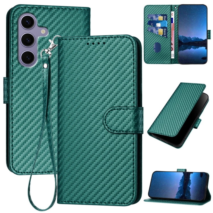 

For Samsung Galaxy S25 5G YX0070 Carbon Fiber Buckle Leather Phone Case with Lanyard(Dark Green)