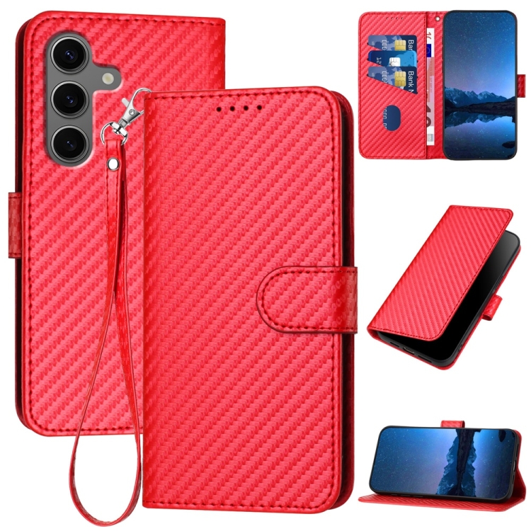 

For Samsung Galaxy S25+ 5G YX0070 Carbon Fiber Buckle Leather Phone Case with Lanyard(Red)