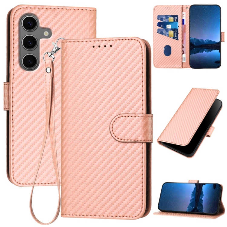 

For Samsung Galaxy S25+ 5G YX0070 Carbon Fiber Buckle Leather Phone Case with Lanyard(Pink)