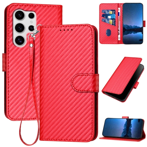 

For Samsung Galaxy S25 Ultra 5G YX0070 Carbon Fiber Buckle Leather Phone Case with Lanyard(Red)