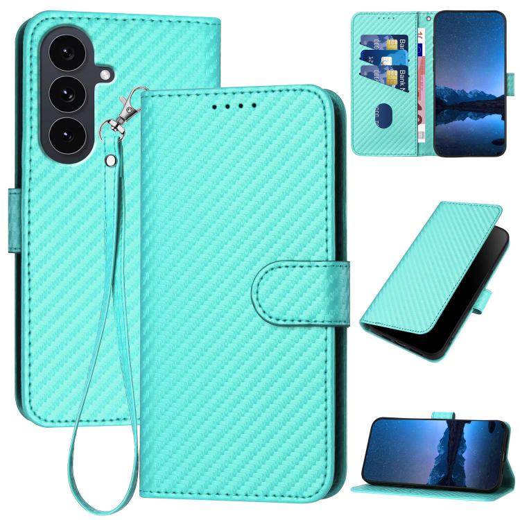 

For Samsung Galaxy S25 FE 5G YX0070 Carbon Fiber Buckle Leather Phone Case with Lanyard(Light Blue)