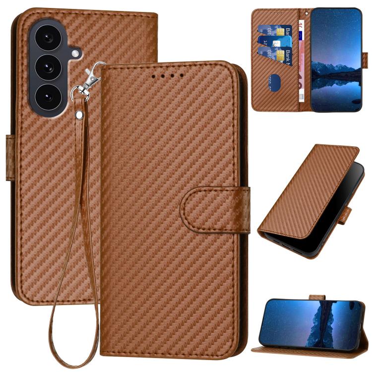 

For Samsung Galaxy S25 FE 5G YX0070 Carbon Fiber Buckle Leather Phone Case with Lanyard(Coffee)