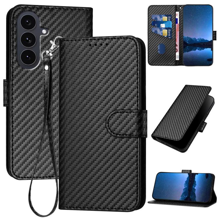 

For Samsung Galaxy S25 FE 5G YX0070 Carbon Fiber Buckle Leather Phone Case with Lanyard(Black)