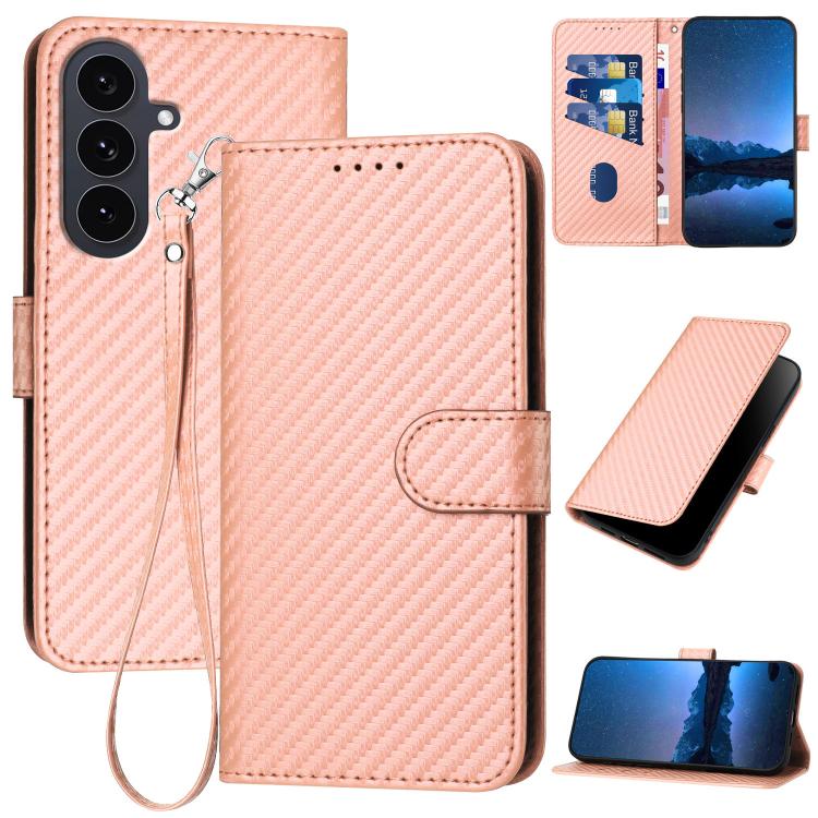 

For Samsung Galaxy S25 FE 5G YX0070 Carbon Fiber Buckle Leather Phone Case with Lanyard(Pink)