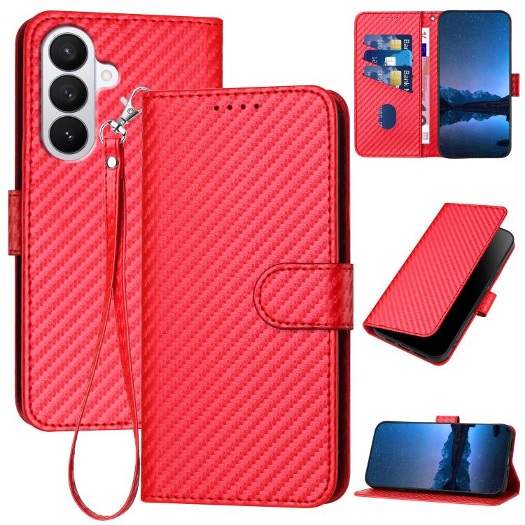 

For Samsung Galaxy S26 Pro 5G YX0070 Carbon Fiber Buckle Leather Phone Case with Lanyard(Red)