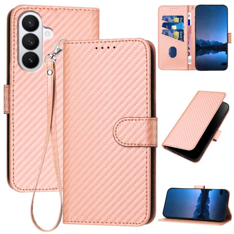 

For Samsung Galaxy S26 Pro 5G YX0070 Carbon Fiber Buckle Leather Phone Case with Lanyard(Pink)