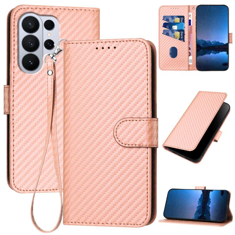

For Samsung Galaxy S26 Ultra 5G YX0070 Carbon Fiber Buckle Leather Phone Case with Lanyard(Pink)