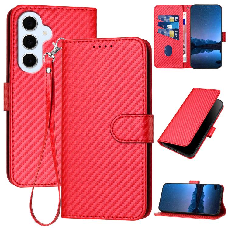 For Galaxy S26 FE 5G YX0070 Carbon Fiber Buckle Leather Phone Case with Lanyard(Red)
