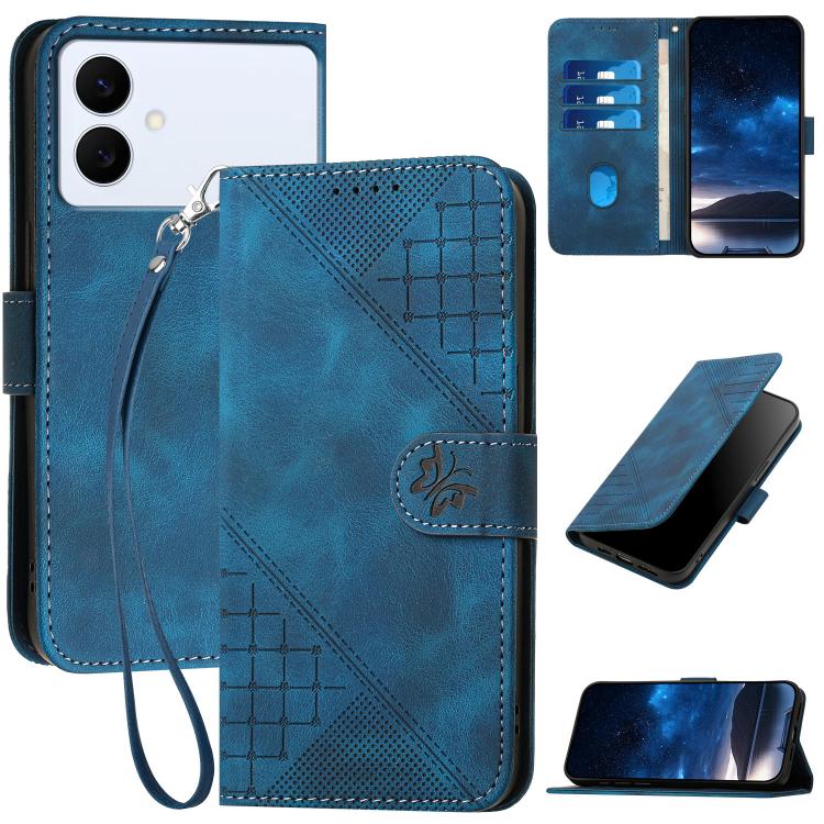 

For Samsung Galaxy S26 Edge 5G Grid Butterfly Embossed Pattern Leather Phone Case with Lanyard(Dark Blue)