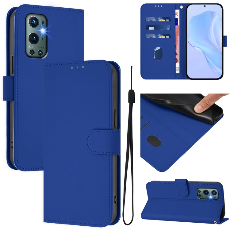 

For OnePlus 9 Pro Skin Feel Solid Color Leather Phone Case with Lanyard(Dark Blue)