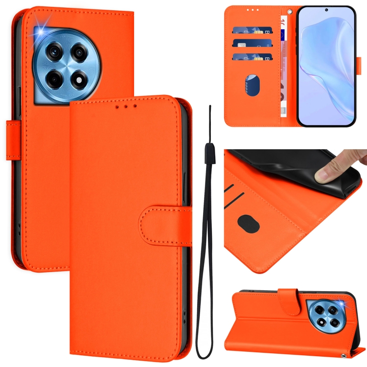 

For OnePlus 12 5G Global Skin Feel Solid Color Leather Phone Case with Lanyard(Orange)