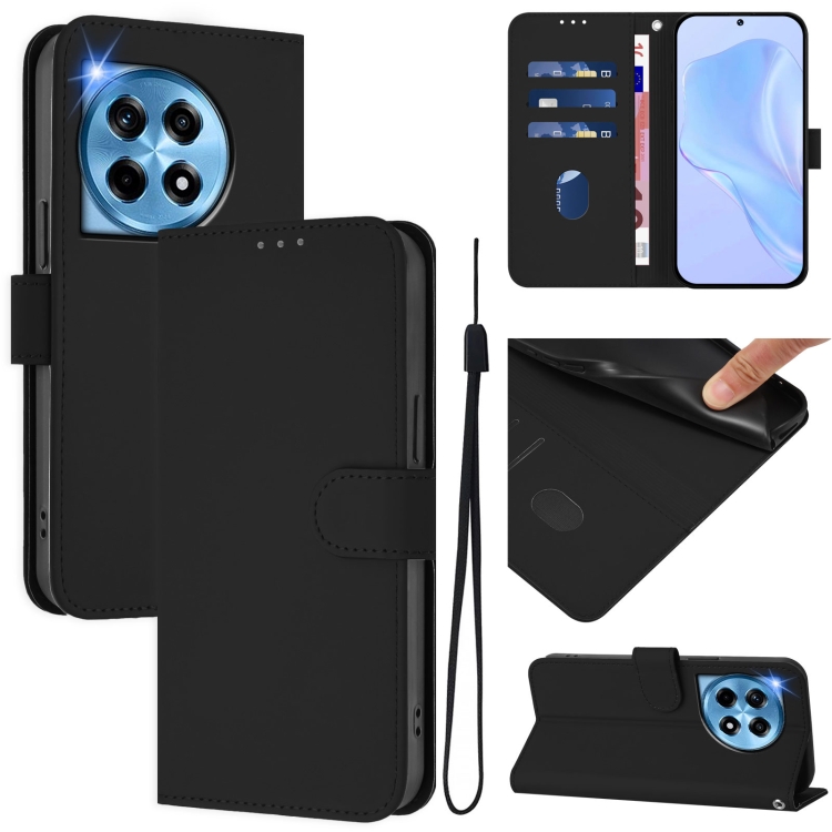 

For OnePlus 12R 5G Global Skin Feel Solid Color Leather Phone Case with Lanyard(Black)