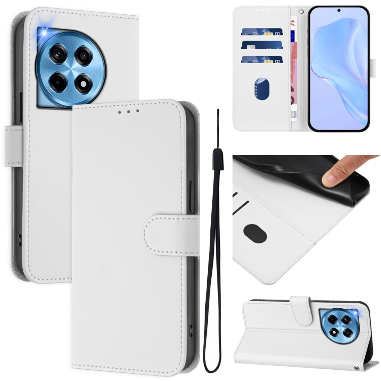 

For OnePlus 12R 5G Global Skin Feel Solid Color Leather Phone Case with Lanyard(White)