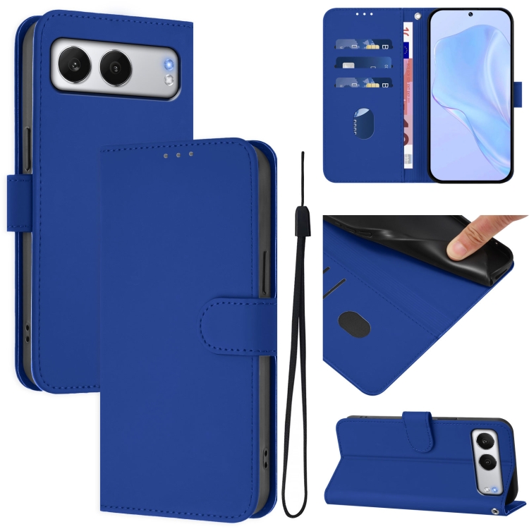 

For OnePlus Nord 4 5G Skin Feel Solid Color Leather Phone Case with Lanyard(Dark Blue)