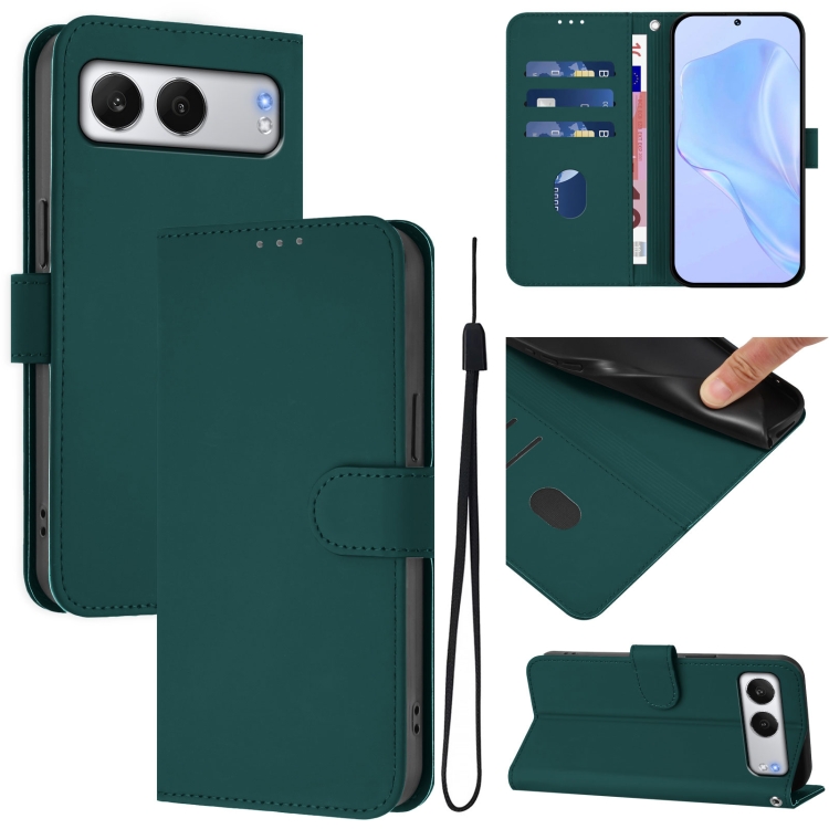 

For OnePlus Nord 4 5G Skin Feel Solid Color Leather Phone Case with Lanyard(Dark Green)