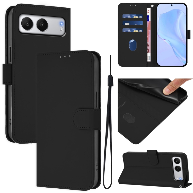 

For OnePlus Nord 4 5G Skin Feel Solid Color Leather Phone Case with Lanyard(Black)