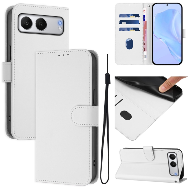 

For OnePlus Nord 4 5G Skin Feel Solid Color Leather Phone Case with Lanyard(White)