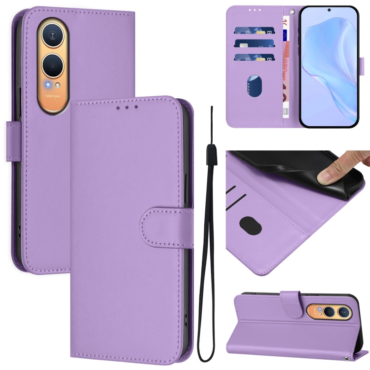 

For OnePlus Nord CE4 Lite 5G Global Skin Feel Solid Color Leather Phone Case with Lanyard(Lavender Purple)