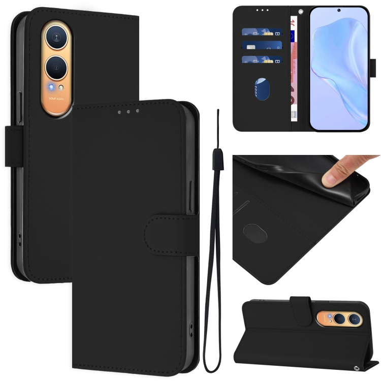 

For OnePlus Nord CE4 Lite 5G Global Skin Feel Solid Color Leather Phone Case with Lanyard(Black)