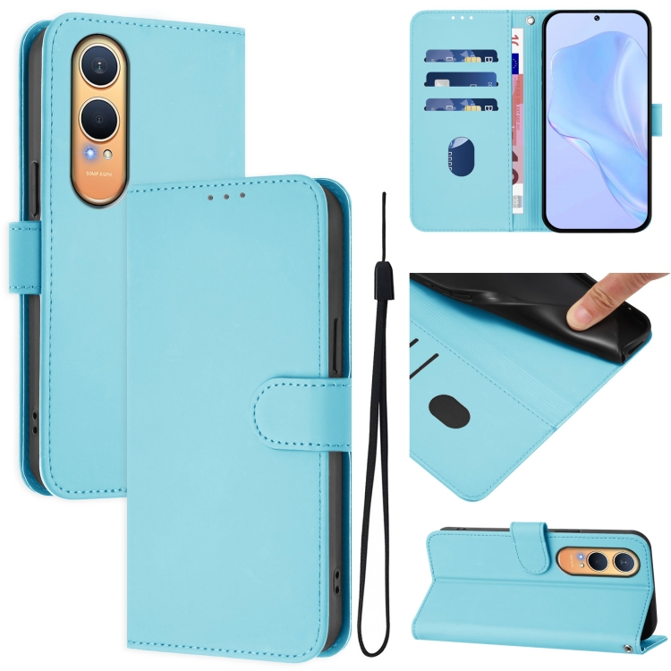 

For OnePlus Nord CE4 Lite 5G Global Skin Feel Solid Color Leather Phone Case with Lanyard(Sky Blue)