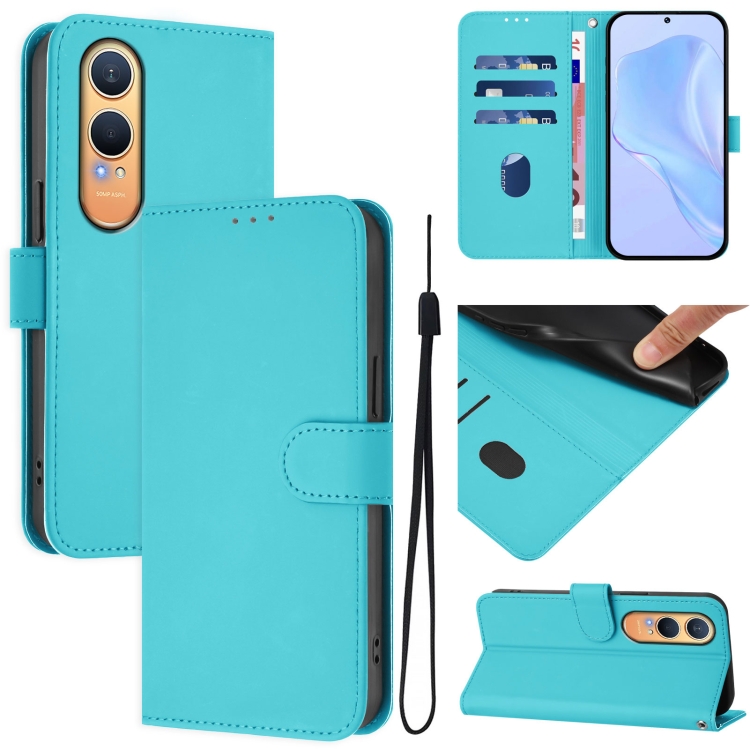 

For OnePlus Nord CE4 Lite 5G Global Skin Feel Solid Color Leather Phone Case with Lanyard(Lake Blue)