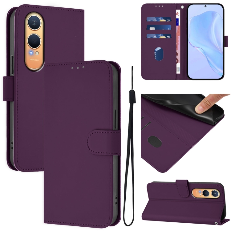 

For OnePlus Nord CE4 Lite 5G Global Skin Feel Solid Color Leather Phone Case with Lanyard(Violet)