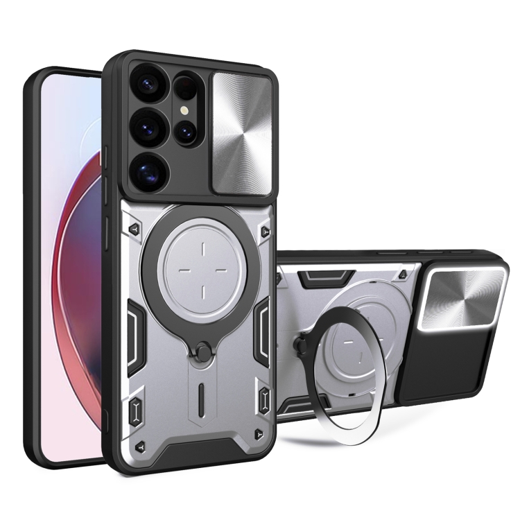 

For Samsung Galaxy S25 Ultra 5G CD Texture Sliding Camshield Magnetic Holder Phone Case(Silver)