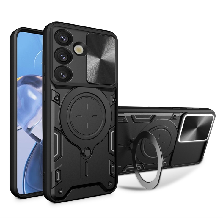 

For Samsung Galaxy S25 5G CD Texture Sliding Camshield Magnetic Holder Phone Case(Black)