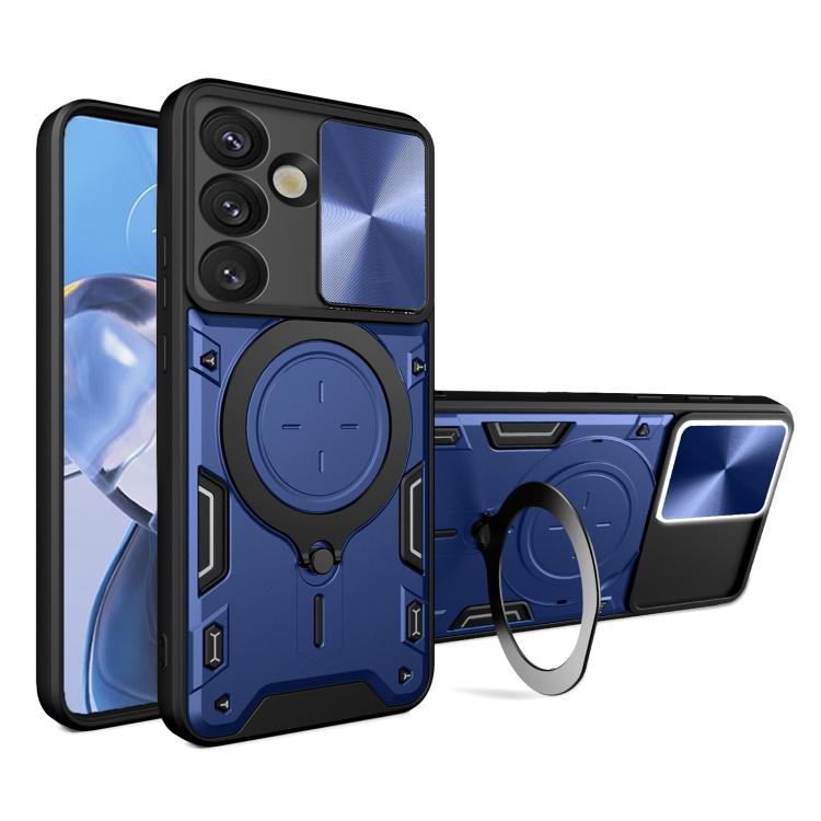 

For Samsung Galaxy S25 5G CD Texture Sliding Camshield Magnetic Holder Phone Case(Blue)