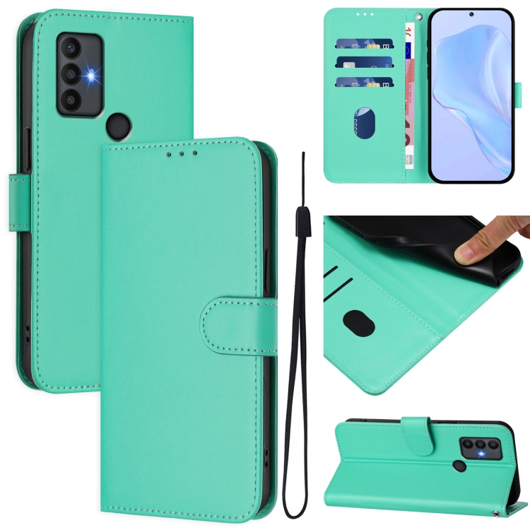 

For TCL 30 SE Skin Feel Solid Color Leather Phone Case with Lanyard(Green)