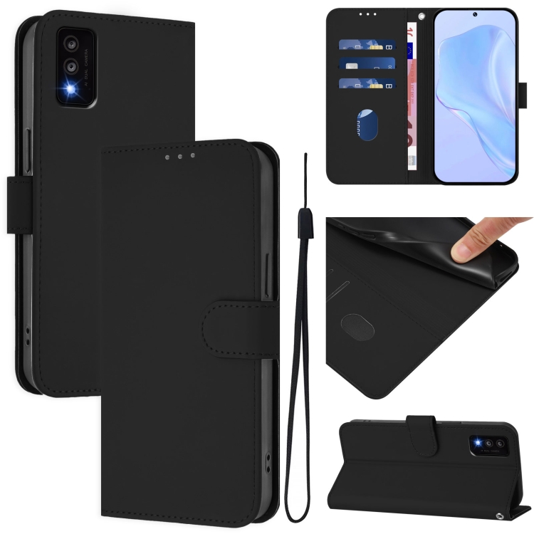

For TCL 30T Skin Feel Solid Color Leather Phone Case with Lanyard(Black)