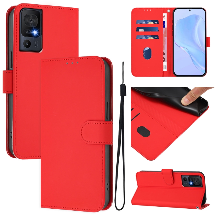 

For TCL 40 SE Skin Feel Solid Color Leather Phone Case with Lanyard(Red)
