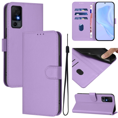 

For TCL 40 XL / 40 T T608DL Skin Feel Solid Color Leather Phone Case with Lanyard(Lavender Purple)