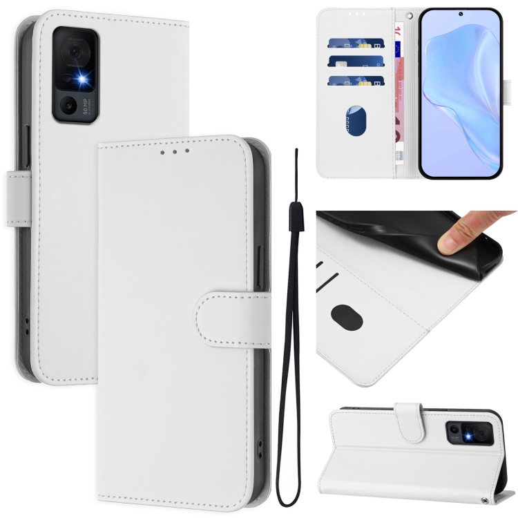 

For TCL 40 XL / 40 T T608DL Skin Feel Solid Color Leather Phone Case with Lanyard(White)