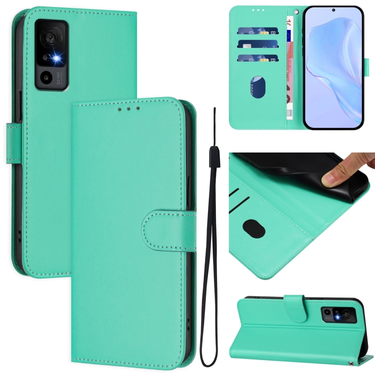 

For TCL 40 R 5G Skin Feel Solid Color Leather Phone Case with Lanyard(Green)