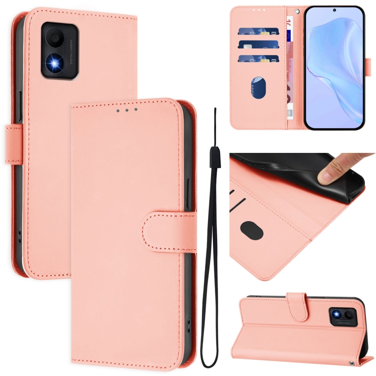 

For TCL 303 Skin Feel Solid Color Leather Phone Case with Lanyard(Pink)