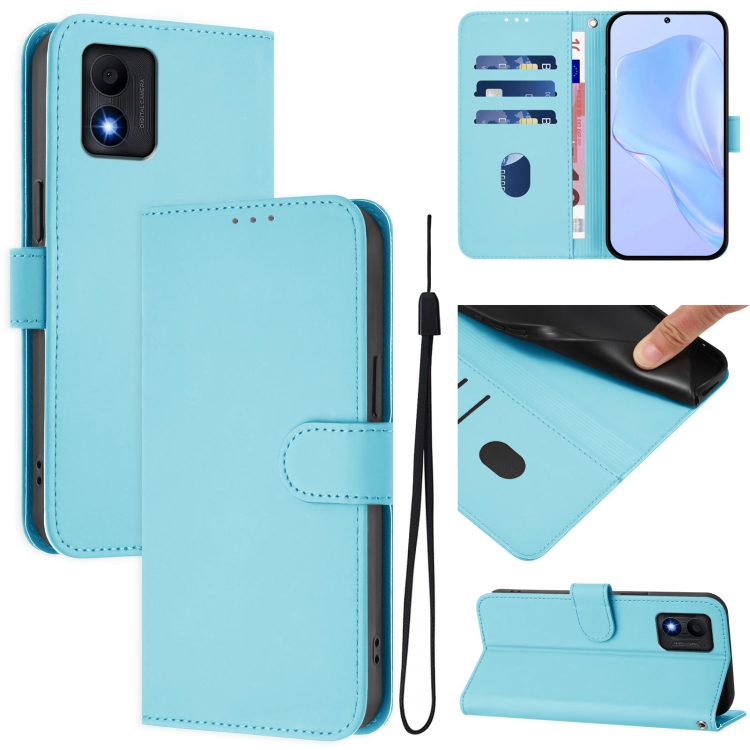

For TCL 303 Skin Feel Solid Color Leather Phone Case with Lanyard(Sky Blue)