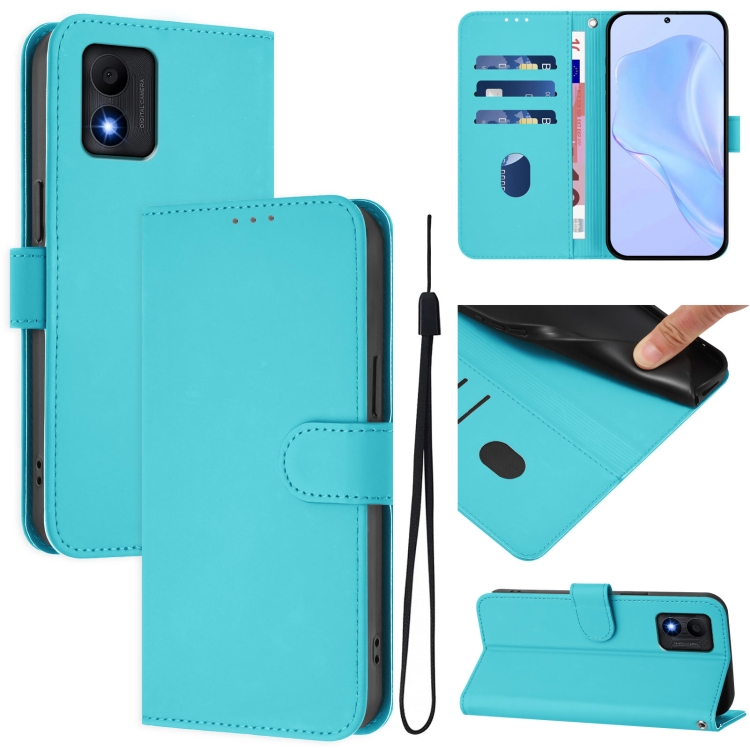 

For TCL 303 Skin Feel Solid Color Leather Phone Case with Lanyard(Lake Blue)