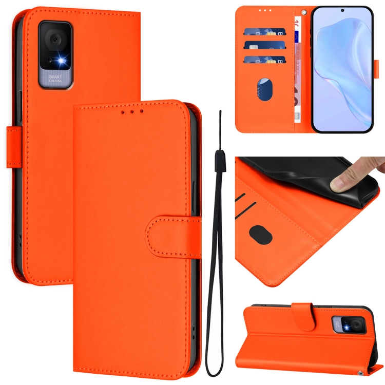 

For TCL 405 / 406 / 408 Skin Feel Solid Color Leather Phone Case with Lanyard(Orange)
