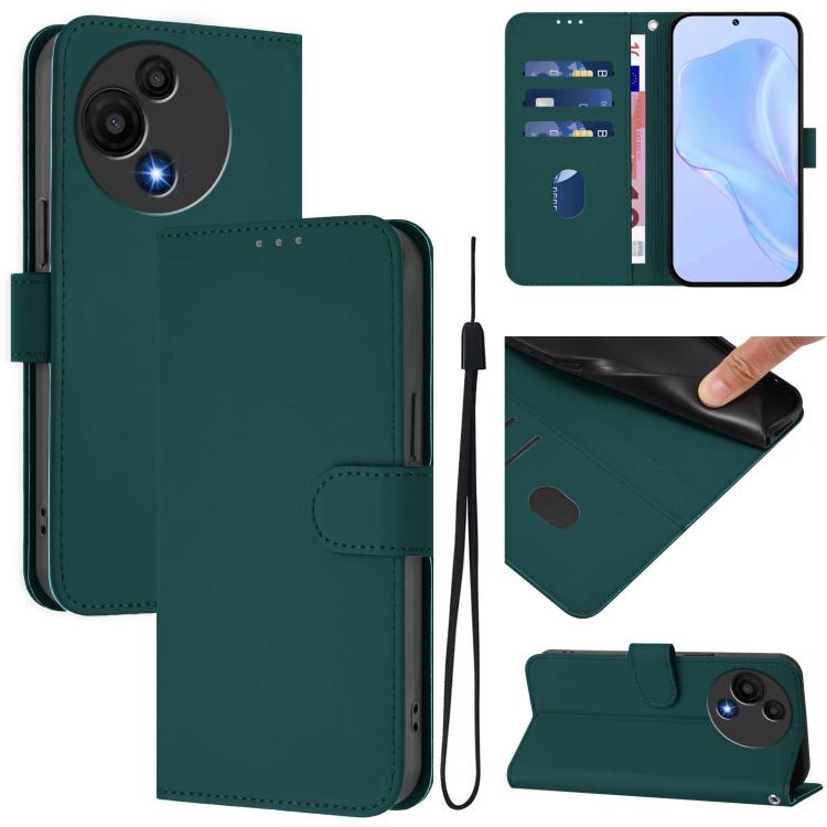 

For TCL 605 / 60 SE Skin Feel Solid Color Leather Phone Case with Lanyard(Dark Green)