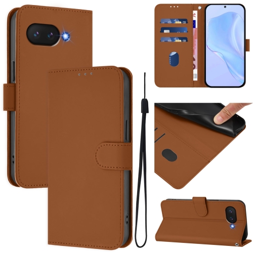 

For Google Pixel 9a Skin Feel Solid Color Leather Phone Case with Lanyard(Brown)